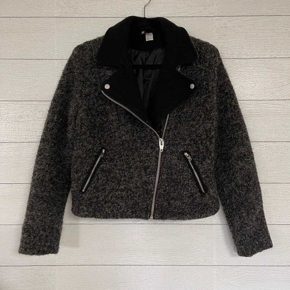 Grey fuzzy wool winter moto style jacket - Picture 2 of 10